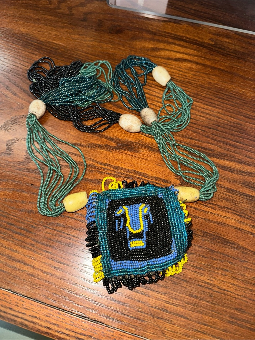 Beaded Tribal-Style Statement Necklace in Teal, Black & Yellow